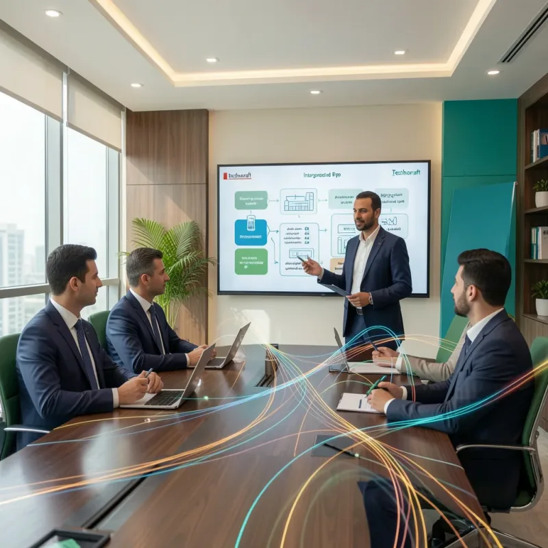 فريق عمل يراجع لوحة تحكم نظام ERP مخصص لإدارة عمليات الشركة